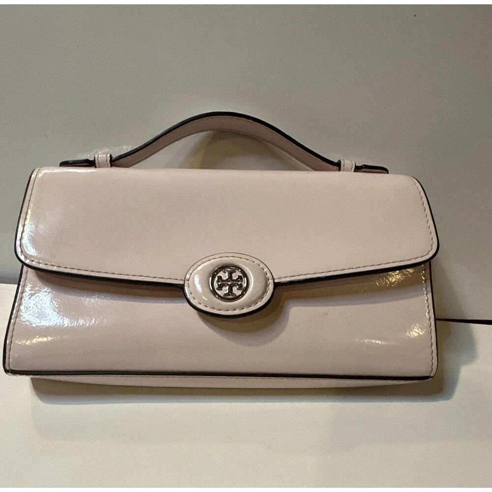 Tory Burch Robinson Pink Lily Patent Leather Top Handle Clutch/Crossbody Bag